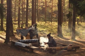 Toidu valmistamine lõkkel männimetsas.